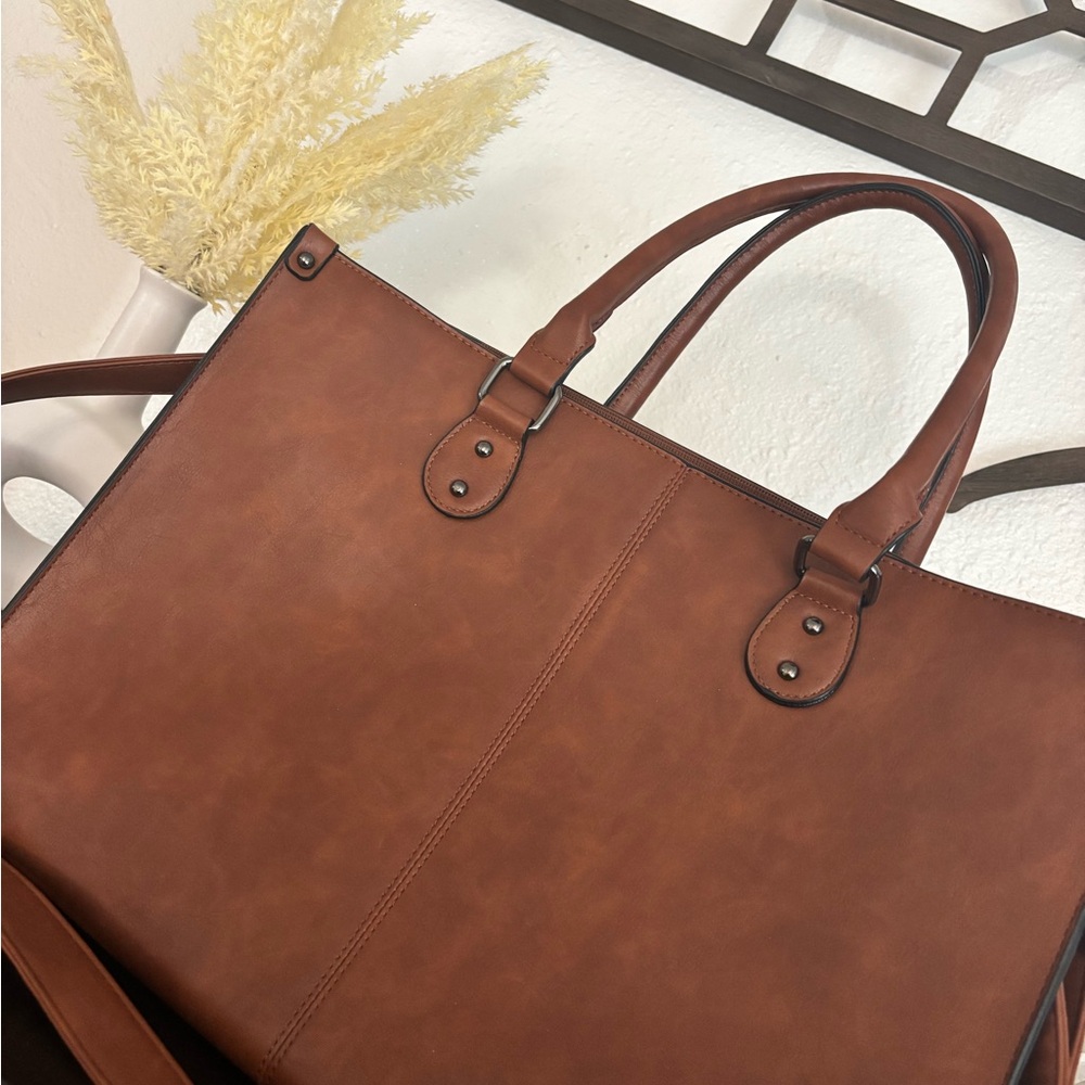Structured Brown Laptop Tote with Double Handles and Adjustable Strap